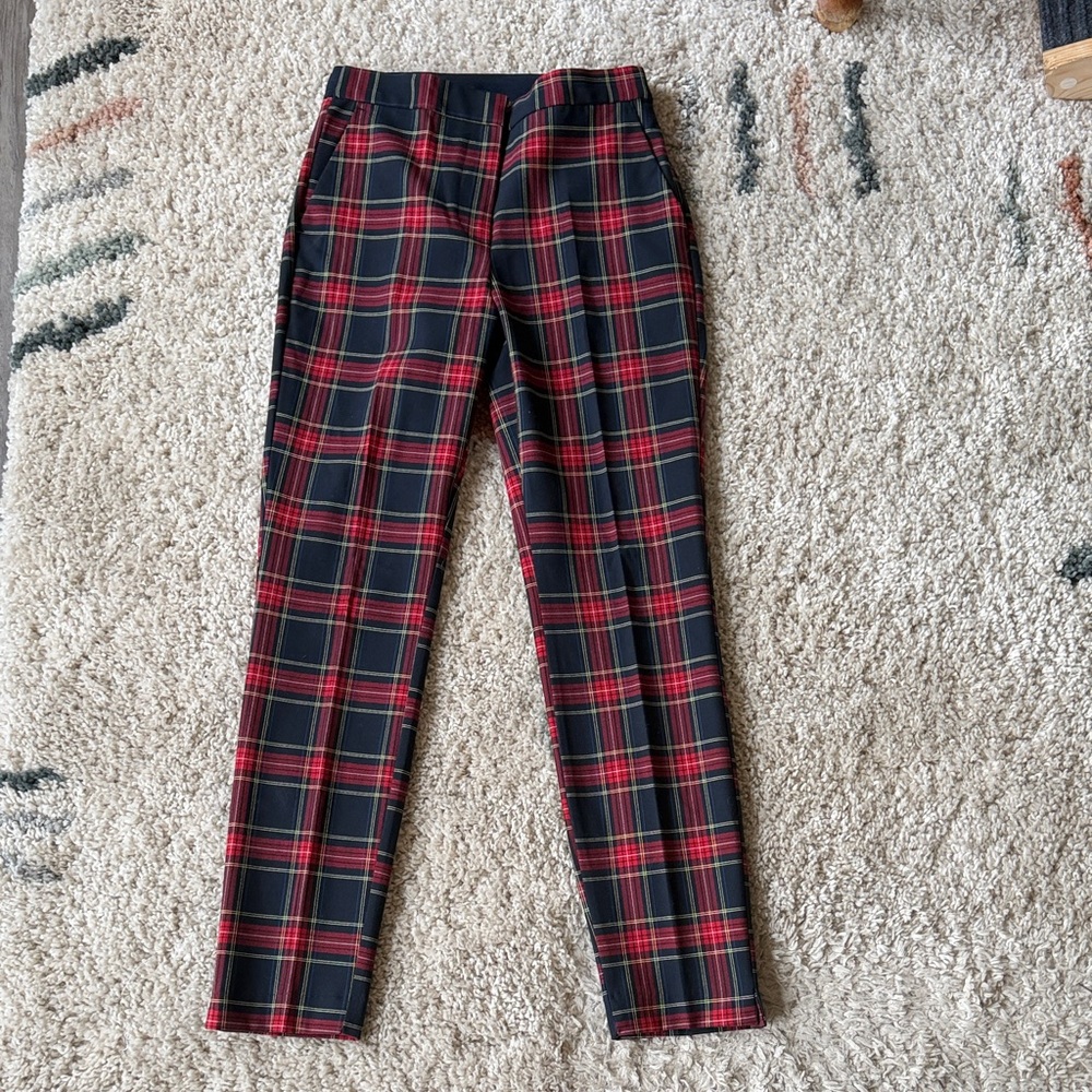 Zara Navy and Red Plaid Trousers